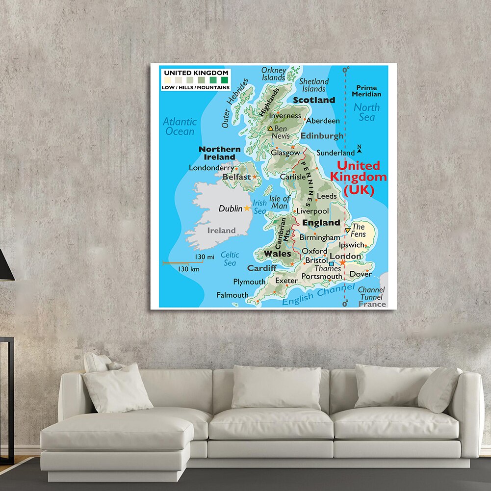 150*150cm The United kingdom Terrain Map Vinyl Canvas Painting Large Wall Poster Classroom Home Decoration School Supplies