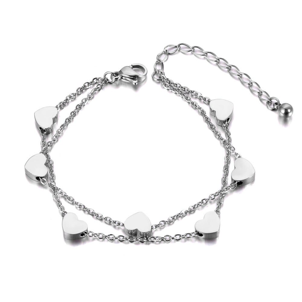 Lokaer trendy titanium rustfrit stål hjerte dobbeltlag armbånd damer smykker kæde & link armbånd til kvinder piger  b19018: Stålfarve