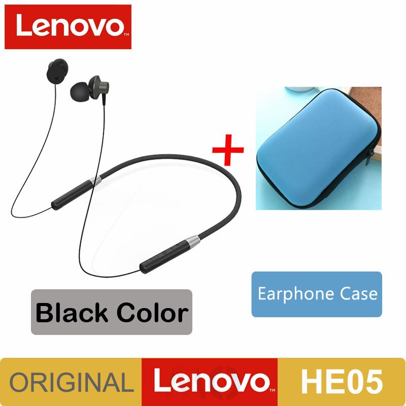 Original Lenovo HE05 Bluetooth 5.0 Wireless Magnetic Neckband Running Sports Earphone Earplug with Waterproof Noise Canceling: HE05 Black add Case