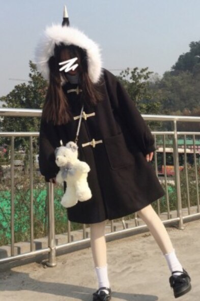 Koreańnarty styl Harajuku słodki zimowy ciepły płaszcz śliczny kawaii księżniczka temperament płaszcz żeńnarty czarny długi płaszcz lolita cos loli