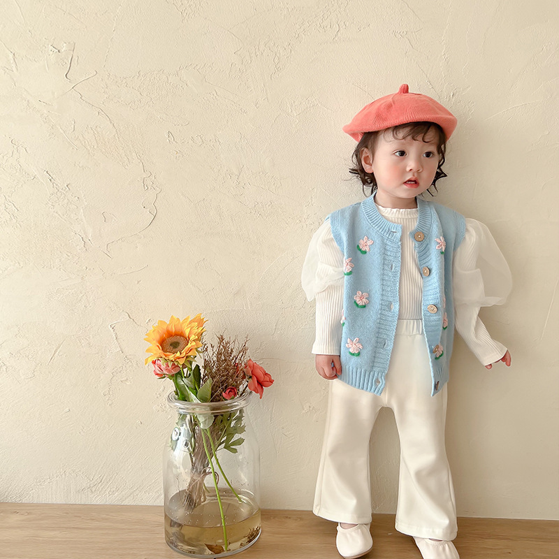 2022 Spring Baby Girl Knit Vest Flower Embroidery Girls Knit Vest Kids Girl Sleeveless Sweater Knitted Cardigan Jacket