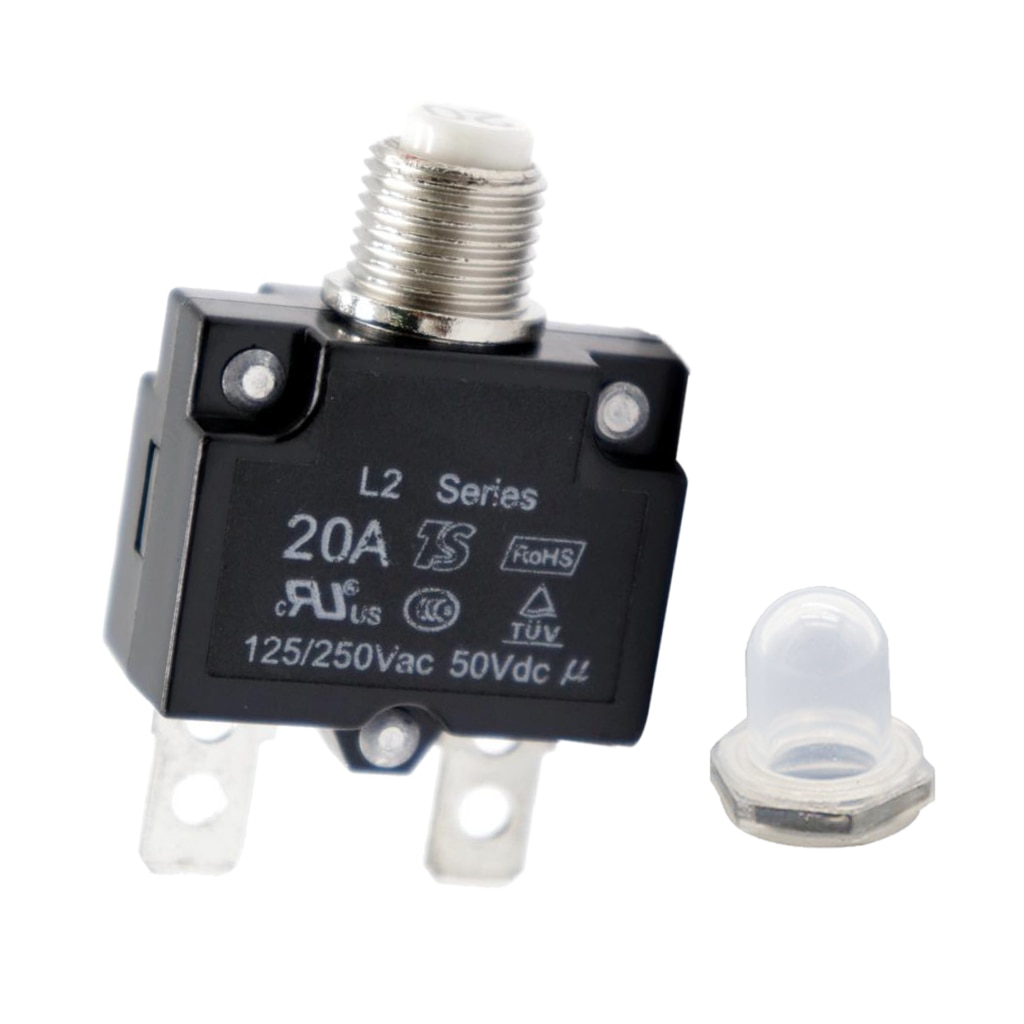 20 Amp Push Button Circuit Breaker 50V DC or 250V AC, Mounts in 3/8 inch (10 mm) Round Hole, Transparent Button Cap