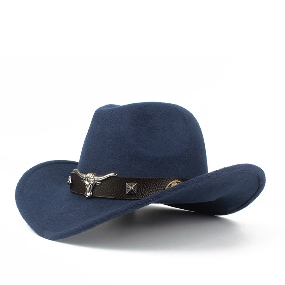 Barn barn ull ihålig western cowboyhatt roll-up brim pojke tjej svart sombrero hombre jazz keps storlek 52-54: Mörkblå