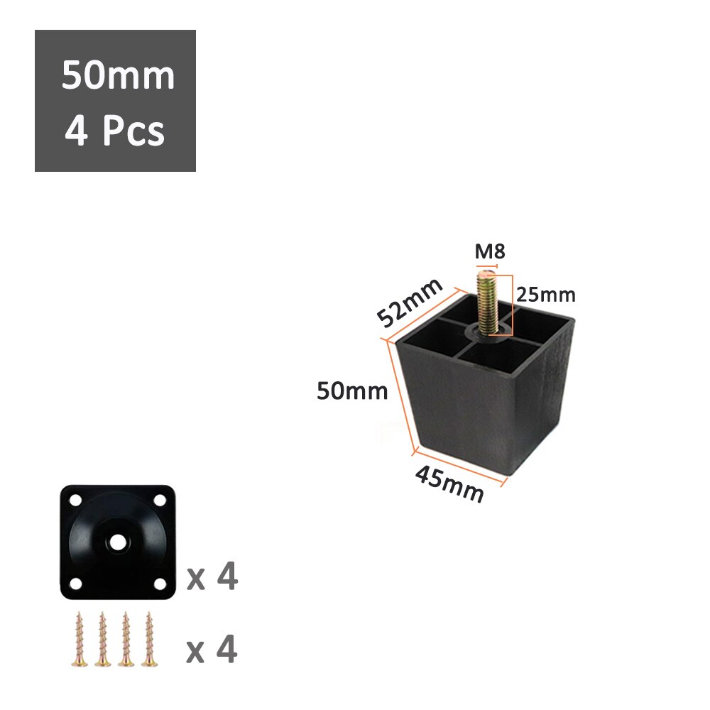 1/4 Pcs Multi-size Square Plastic Furniture Legs Replacement Sofa Legs With M8 Bolts For Couch Cabinet Bed tv stands: 4Pcs 50mm