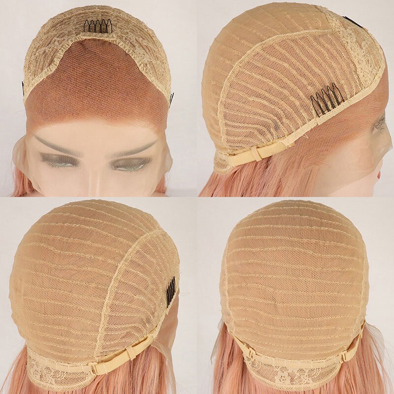 Bombshell pêssego rosa onda solta peruca dianteira do laço do cabelo sintético glueless resistente ao calor do cabelo da fibra natural linha fina para perucas femininas