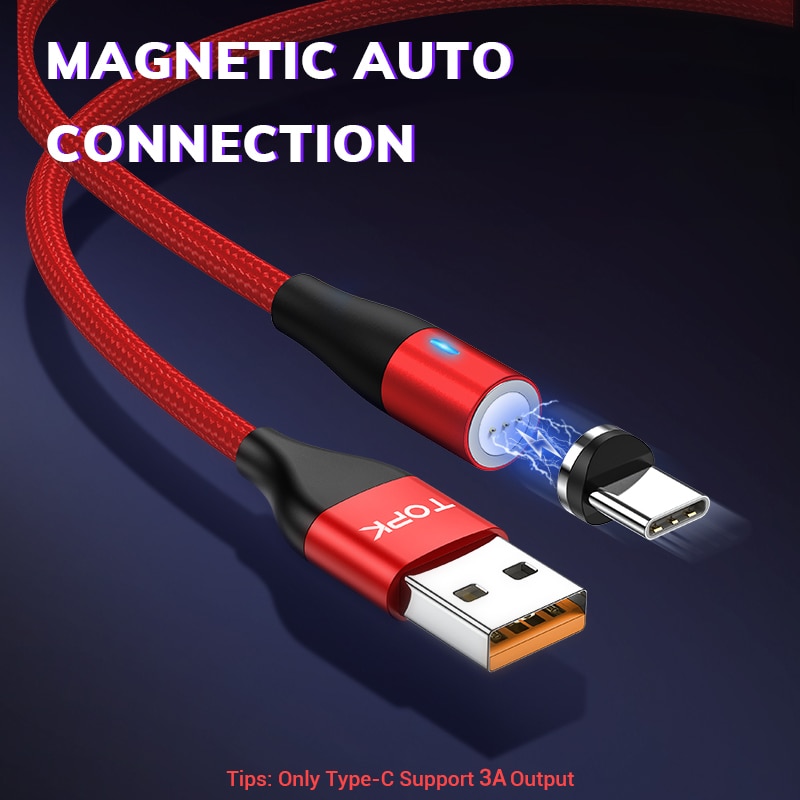 Topk AM60 3A Snel Opladen Led Magnetische Micro Usb Type C Kabel Voor Iphone Xs Max 8 7 6 Telefoon kabels
