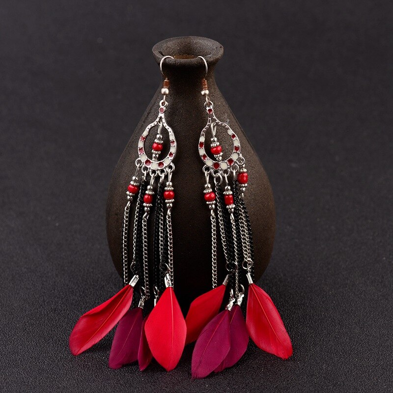 Ethnic Blue Feather Long Earrings For Women Gypsy Jhumka Jhumki Chain Indian Beads Earrings Handmade Oorbellen HXE058