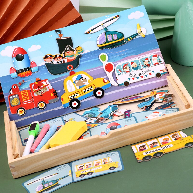 Cartoon Baby Houten Magnetische Puzzel Figuur/Dieren/Voertuig Tekentafel Box Kleuterschool Vroege Educatief Speelgoed Cadeau Voor Kinderen