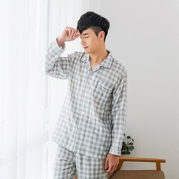 Men Pajamas Home Wear Long Sleeve Trousers Pyjama Cotton Sleepwear Set Double-layer Yarn Breathable Spring Autumn pijama hombre: grey plaid / S