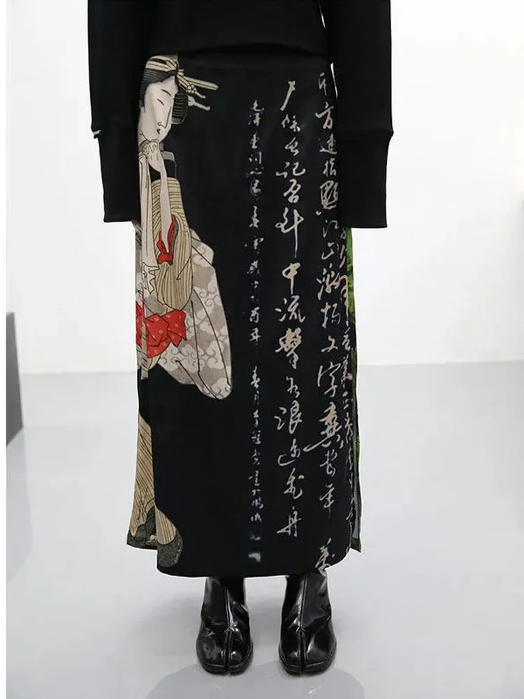 Faldas con estampado negro Tie Dye de estilo japonés para Mujer, Falda larga dividida acampanada, ropa de calle Harajuku, Faldas góticas para Mujer Y2k Saia Fairycore