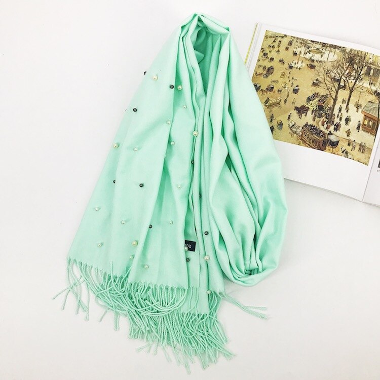 Écharpe de de luxe épais hiver femmes écharpe chaude cachemire étoile perle solide gland châle couverture pour emmailloter Hijab dame écharpe Pashmina: Light Green