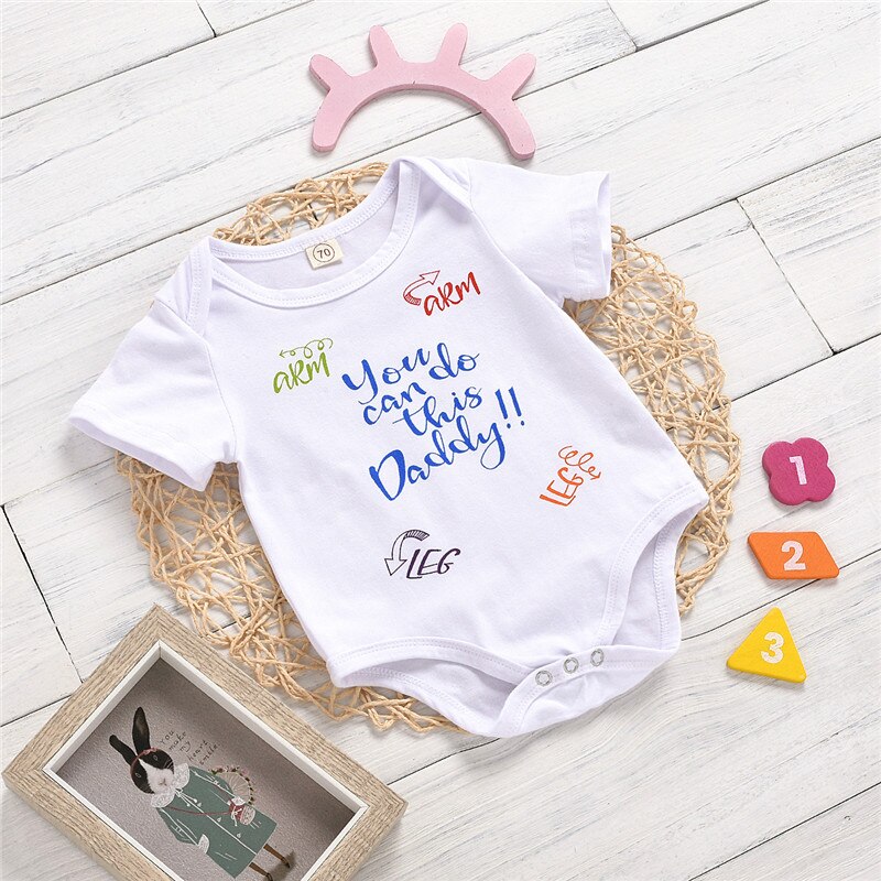 One Persent Baby Bodysuits Letter Print Round Neck Short Sleeve Bodysuit Jumpsuit for Girls Boys White Clothing