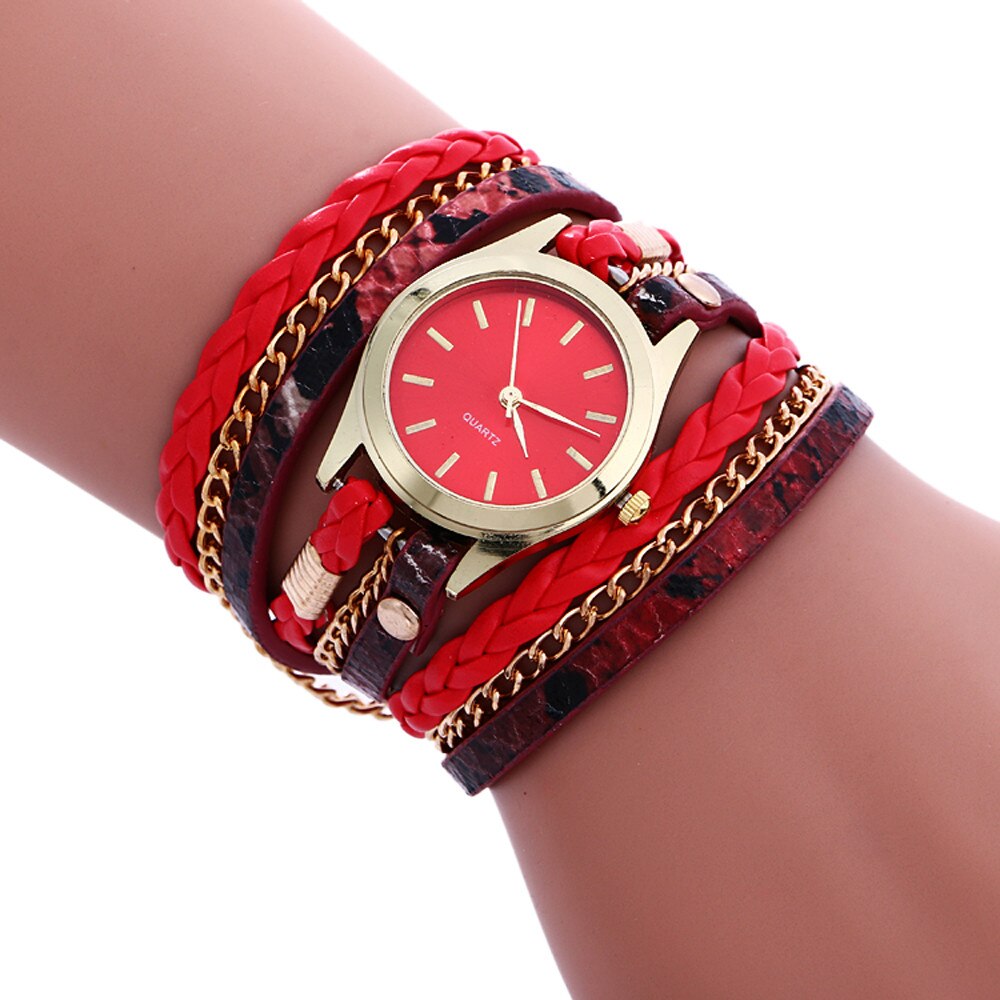 Ladies Weave Leather Bohemian Bracelet Watches Dress Woman Casual Quartz Wrist Watch часв женские наручные: Red