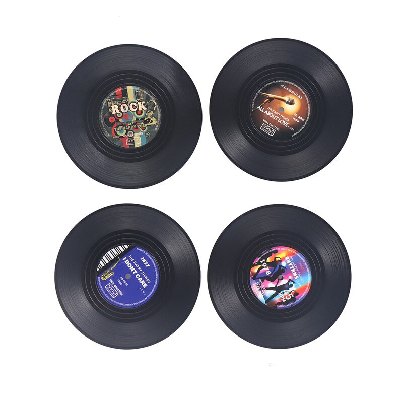4pcs Spinning Retro Vinyl Record Drinks Coasters Cup Mat Decor Coffee Placemat