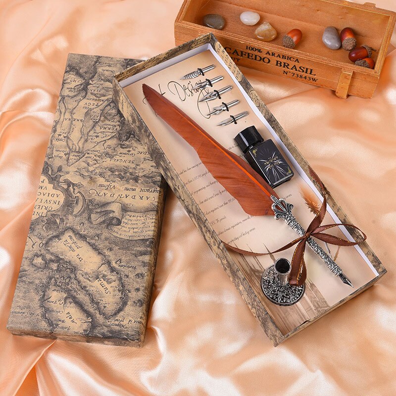 1Set Vintage Kalligrafie Veer Dip Schrijven Pen Inkt Set Briefpapier Box Met 5 Nib Festival Quill Fontein pen: orange