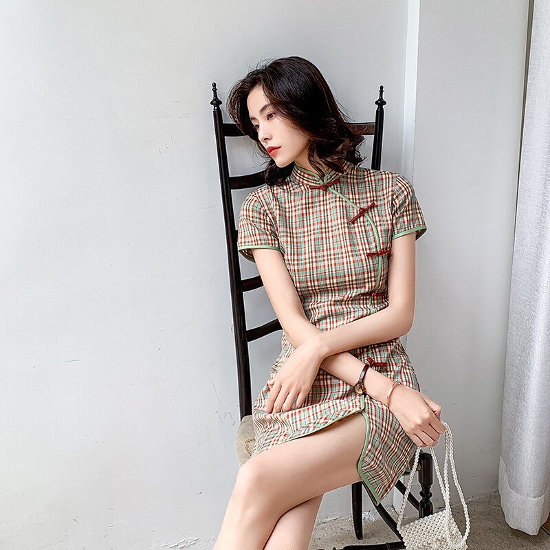 Plaid chinesische kleider Classi Baumwolle Qipao Täglichen Kleid Orientalischen Stil Cheongsam Moderne