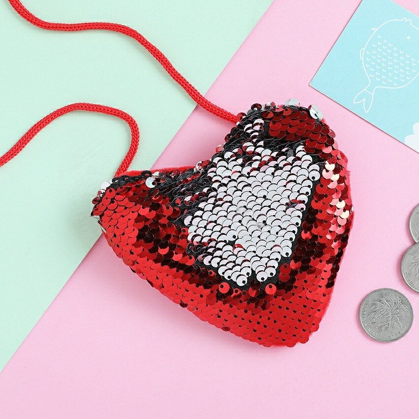 Kid Girls Handbags Sequins Crossbody Bag Messenger Bags Girls Shoulder Bag Heart Shaped Child Bag: Red