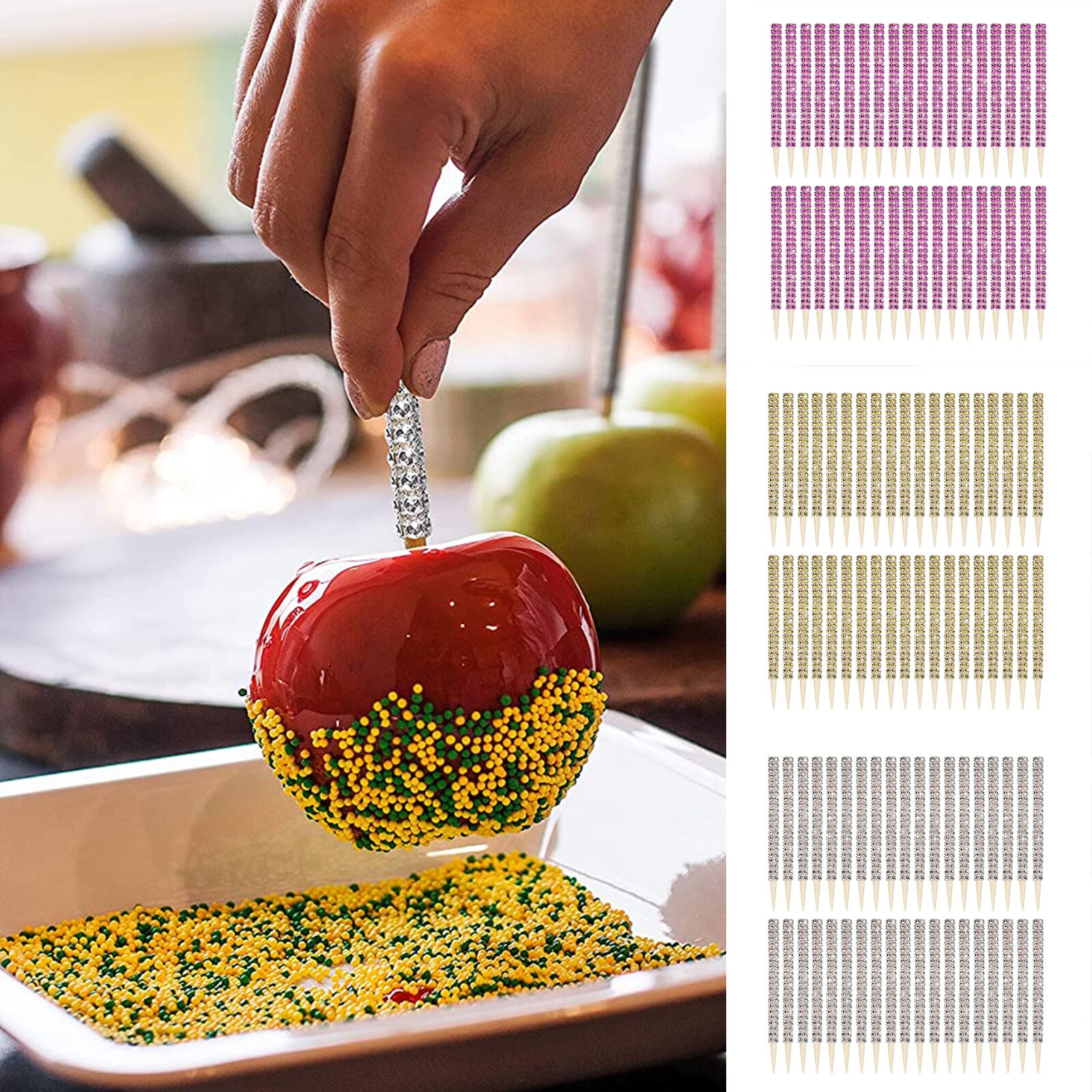Bâtonnets à bonbons en forme de pomme, 32 pièces, brochettes, fournitures pour Buffet, Dessert, strass scintillant, nouveauté