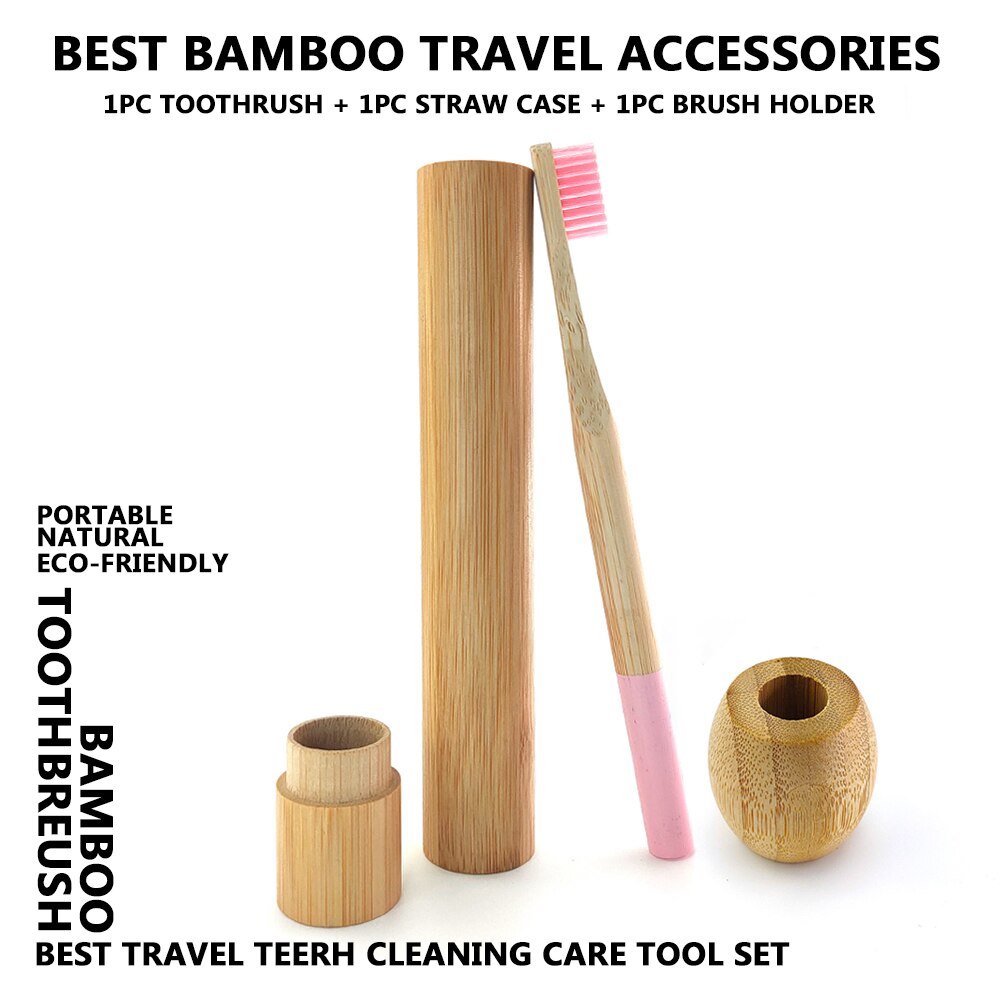 Colorful Column Bamboo Toothbrush Top Flat Portable Travel Set with Bamboo Tube Bamboo Case Natural Wooden Toothbrush Holder: Baby Pink