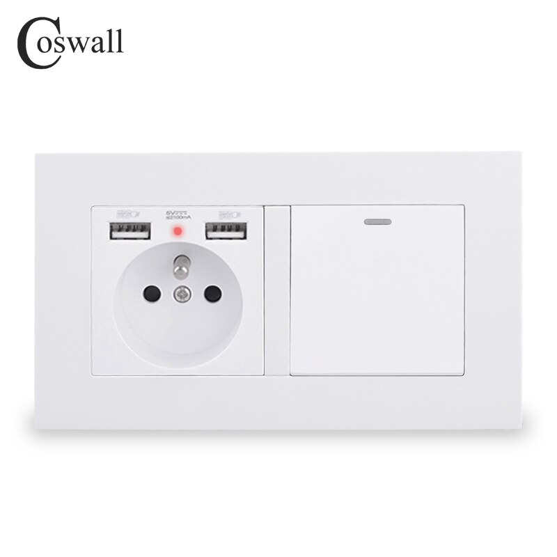 COSWALL Französisch Standard Steckdose Mit 2 USB Ladung Hafen + 1 Gang 1 Weg Auf/aus Rocker Licht schalter PC Tafel Schwarz Weiß Grau: Weiß