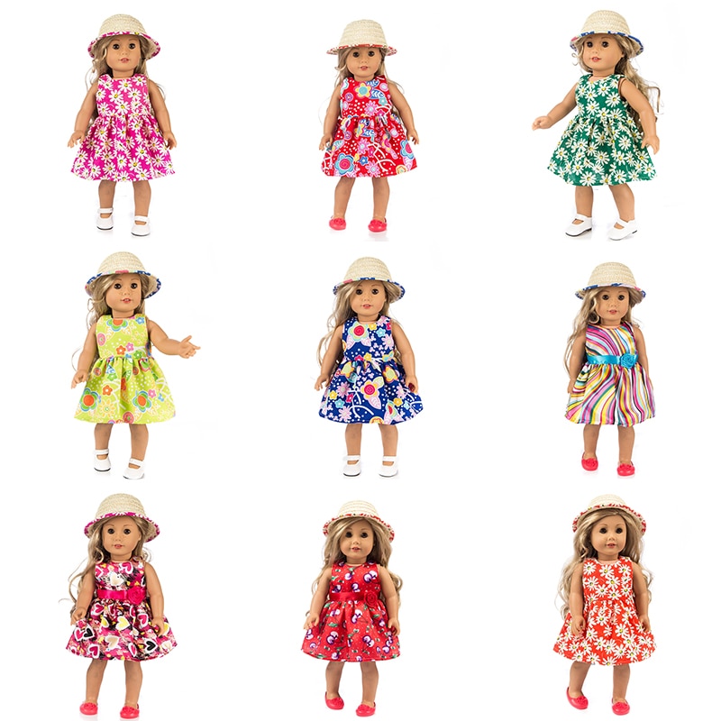Chapeau de paille chaude + robe adaptée pour vêtements de poupée fille américaine poupée de 18 pouces, de fille de noël (seulement vendre des vêtements)
