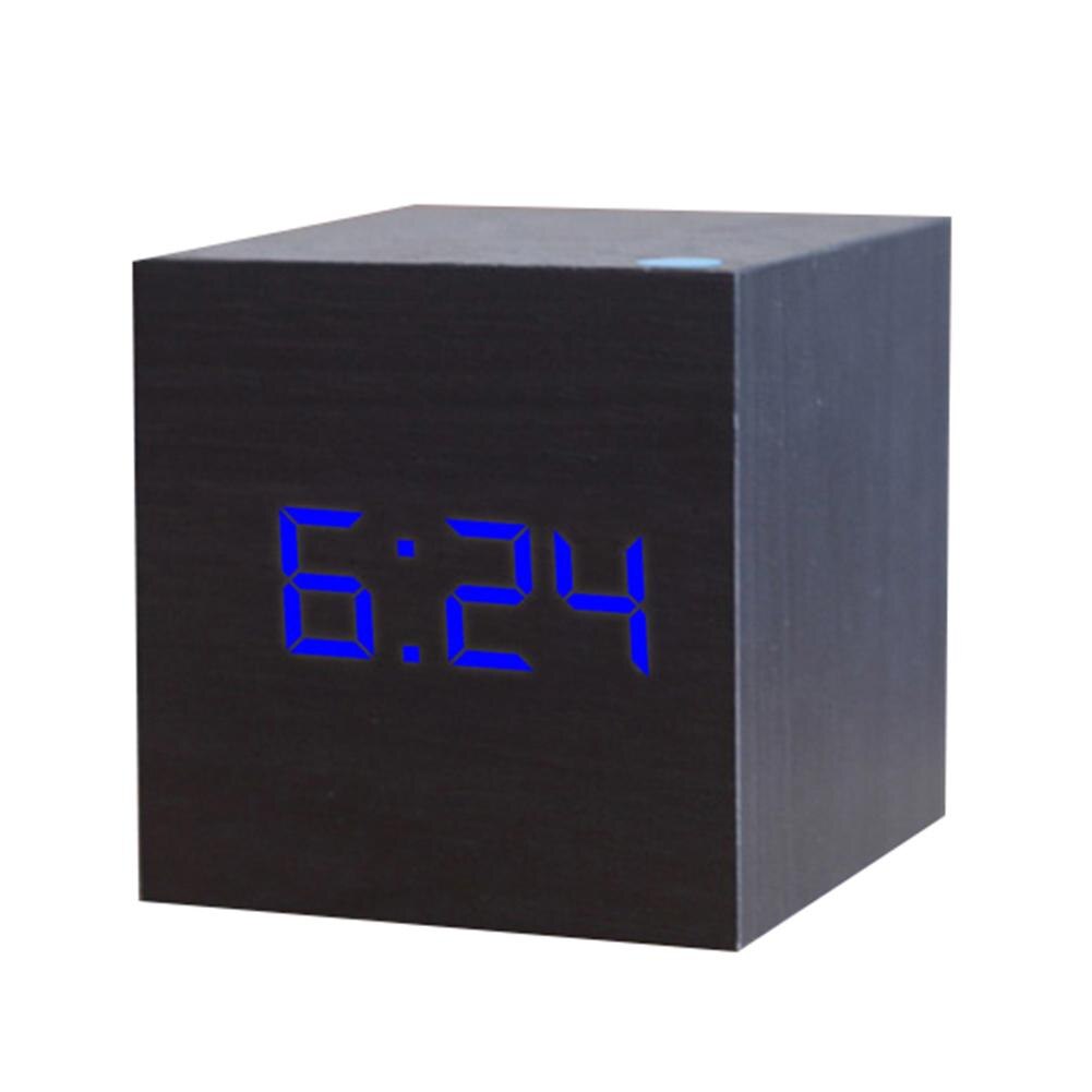 Houten Vierkante Digitale Led Usb Desk Wekker Tafel Voice Control Decoratie