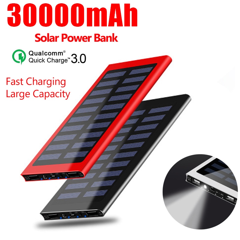 30000mAh Solar Power Bank Portable Waterproof LED Battery Powerbank Fast Charging External Battery for smart phone