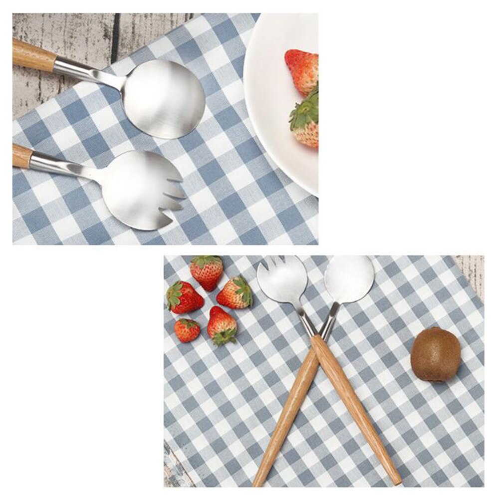 2 st och gaffelsats rostfritt stål trähandtag salladservrar bestick fruktbesticksservis