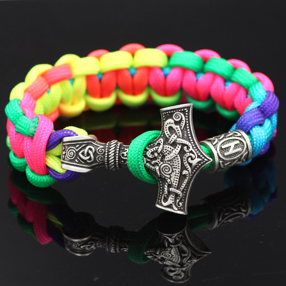 Youe Glänzte Nordischen Viking Thor Mjolnir Hammer Paracord Amuletceltic Rune Knoten Amulett Skandinavischen Licht Regenbogen Armband: H