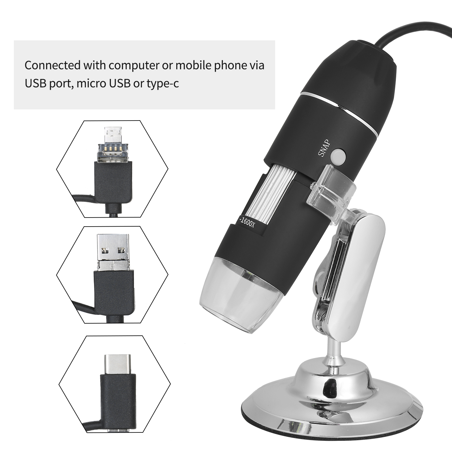 Lupa de microscopio con Zoom Digital USB con función OTG lupa de luz 8 LED aumento 1600X con soporte