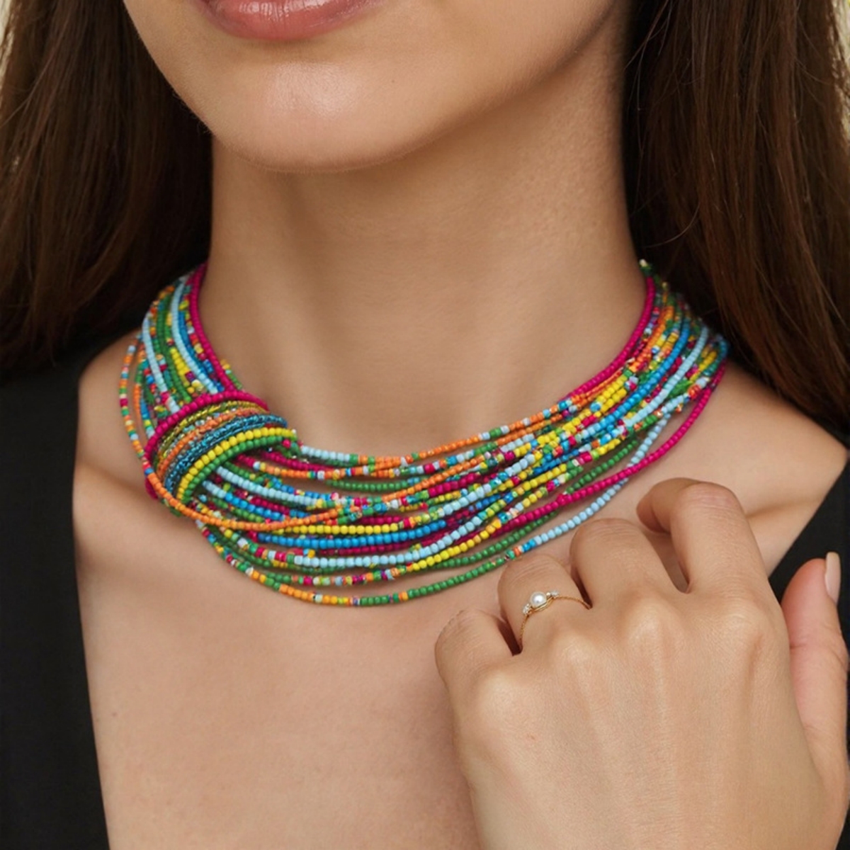 Collar bohemio de cuentas de arroz multicapa colorido para mujer, Color caramelo Vintage, vacaciones de verano, abalorio de playa, de joyería