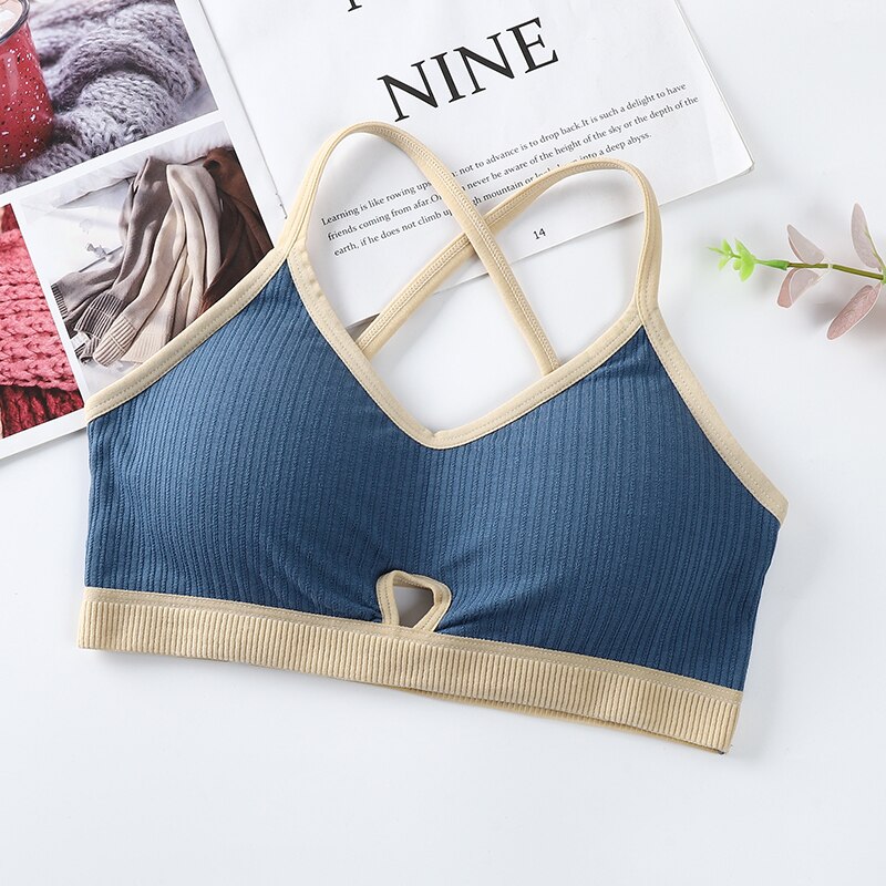 Threaded Beauty Back Tube Tops Sling Wrapped Bra For Women With Pad Sports Bras Comfortable Cotton Sexy Hollow Top Underwear: Blue