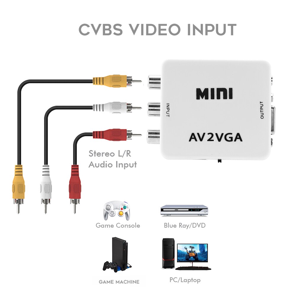 Mini Video Convertor 1080P RCA AV to VGA Video Converter Conversor with 3.5mm Audio AV2VGA / CVBS Audio to PC HD Computer to TV