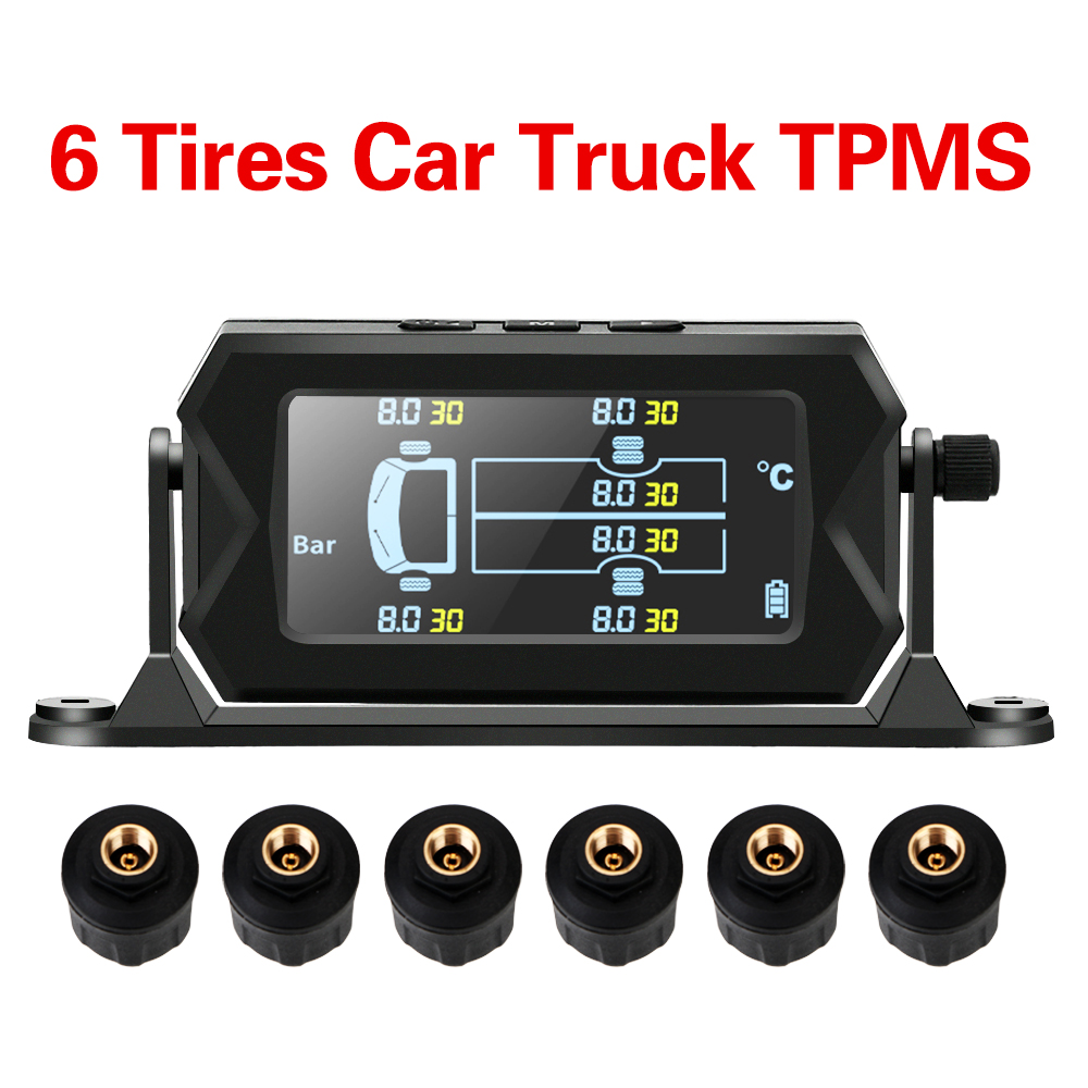 Auto Rv Truck Tpms Met 6 Externe Sensoren Draadloze Digitale Lcd Alarm Bandenspanningscontrolesysteem Solar Power &amp; Usb opladen