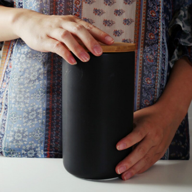 Jarra de cerámica sellada de estilo nórdico para almacenamiento de café, té y cocina, a prueba de polvo, para condimentos sólidos con tapa de Bambú