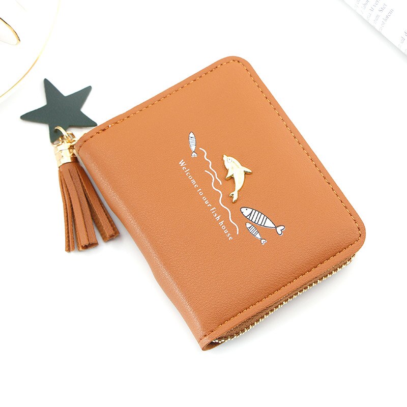 Kurze Frauen Geldbörsen Nette Liebe Quaste Haspe Geldbörse Karte Halfter Weibliche Kupplung Geld Tasche PU Leder Dame Reißverschluss: braun