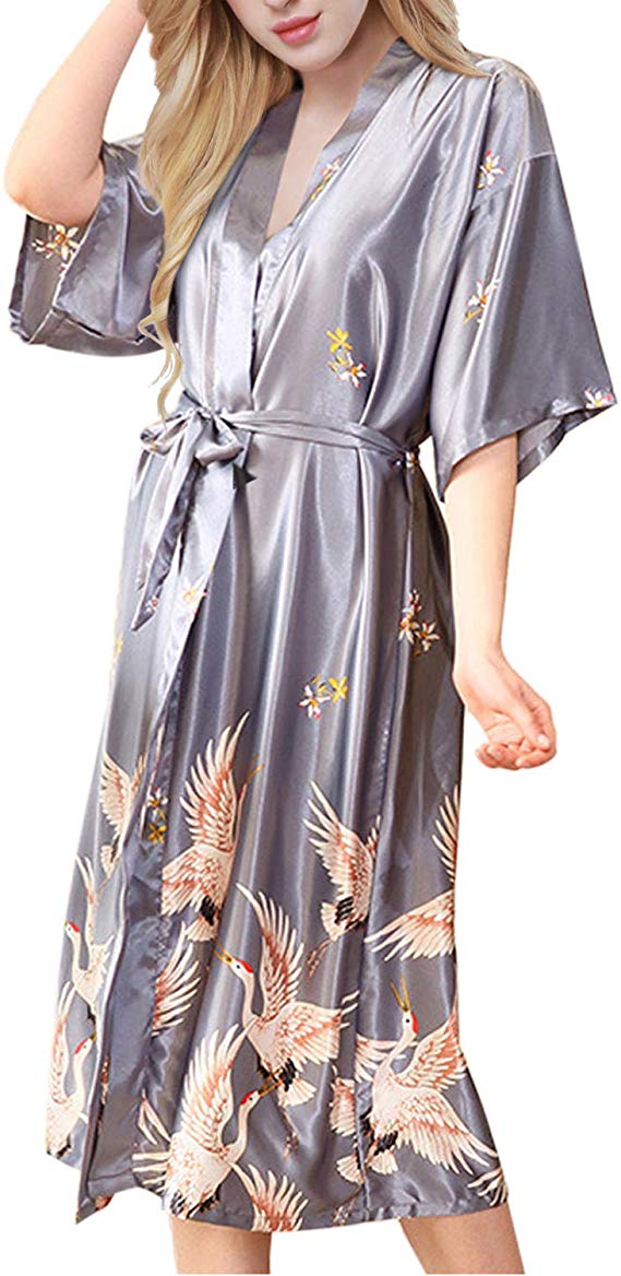 Grau Satin- Lange Bademantel Frauen Hochzeit Braut Brautjungfer Kleid Nachthemd Nachtwäsche Druck Kran Kimono Größe S M L XL XXL XXXL