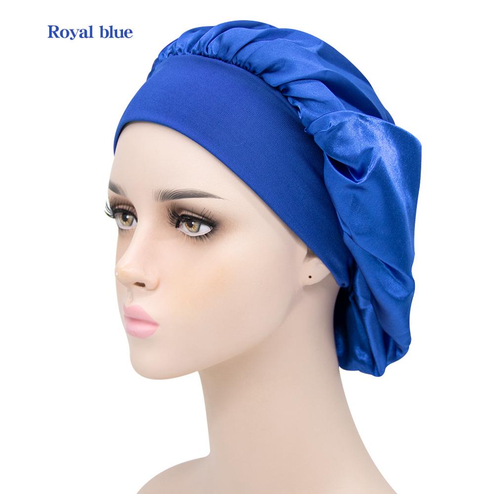 Gorro de descanso de ala ancha de satén para mujer, gorro de dormir para el cuidado del cabello, gorro de noche, Unisex, gorro de ducha, envoltura de cabeza de seda: blue