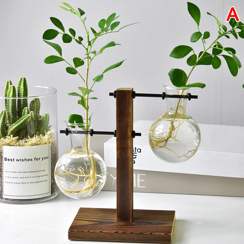 Jarrón hidropónico de cristal con bombilla Vintage Simple, maceta para plantas, bandeja de madera, mesa de oficina y sala de estar, suministros decorativos: A
