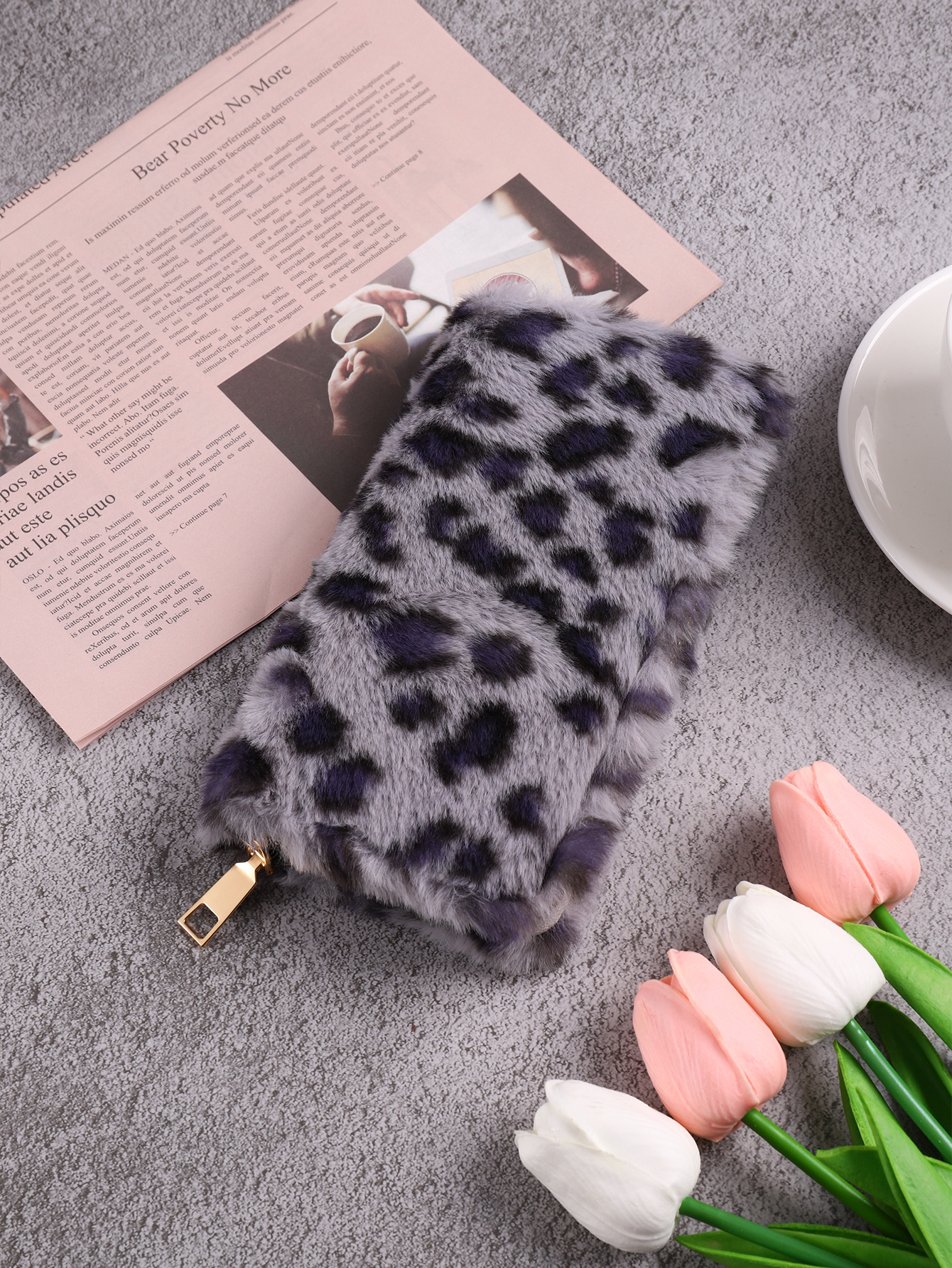 Plush coin purse, stylish leopard print long wallet, portable for everyday life: GRAY