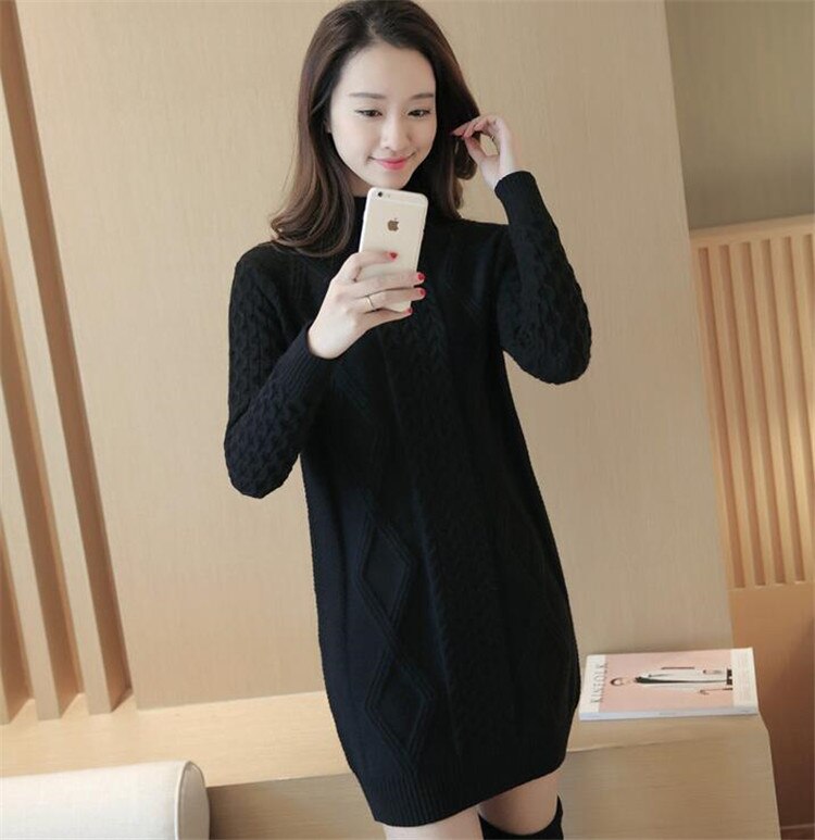 Autumn Winter Sweater Dress Thick Turtleneck Knitted Dresses Warm Bodycon Mini Vestidos Pure Women Elastic Knitwears Women: Black