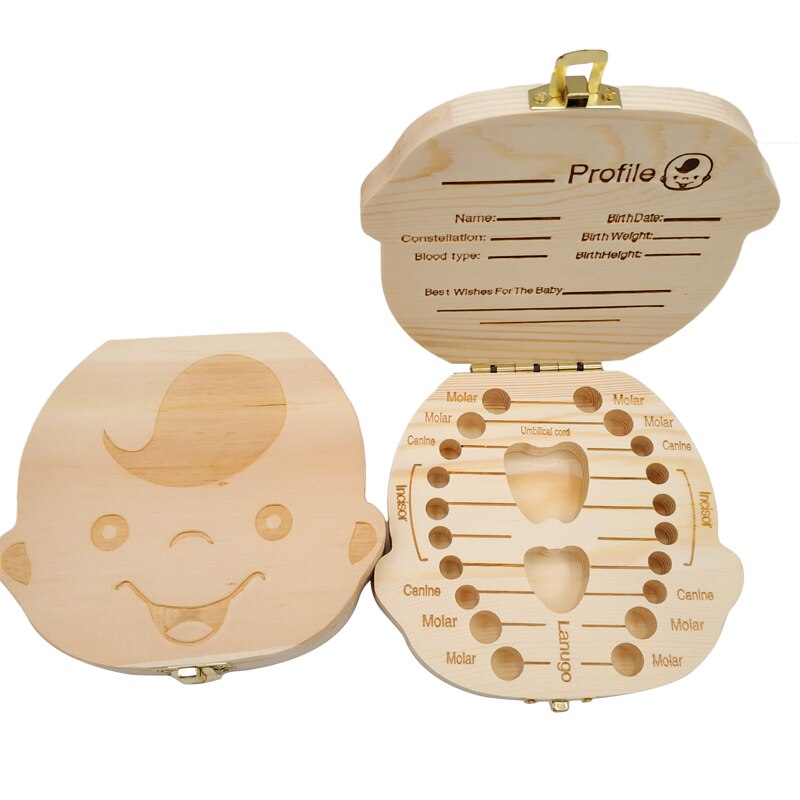 Wooden Baby Kids Tooth Storage Box English Milk Teeth Umbilical Lanugo Organizer Keepsakes Save