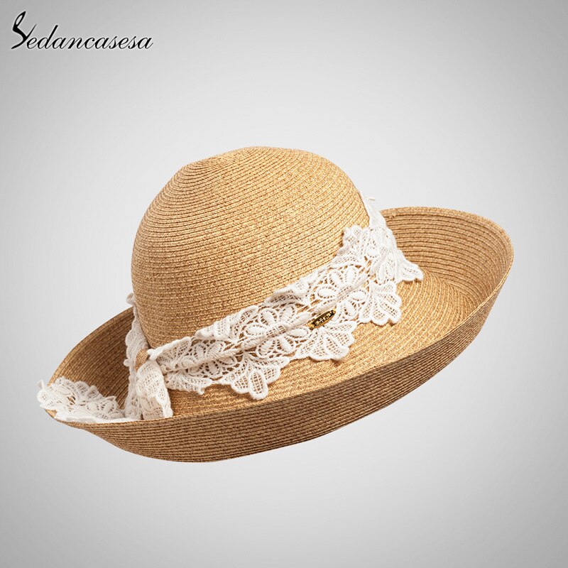 Summer Ladies Summer Straw Hat With Lace Sun Visor Wide Brim Hats For Women SW129002
