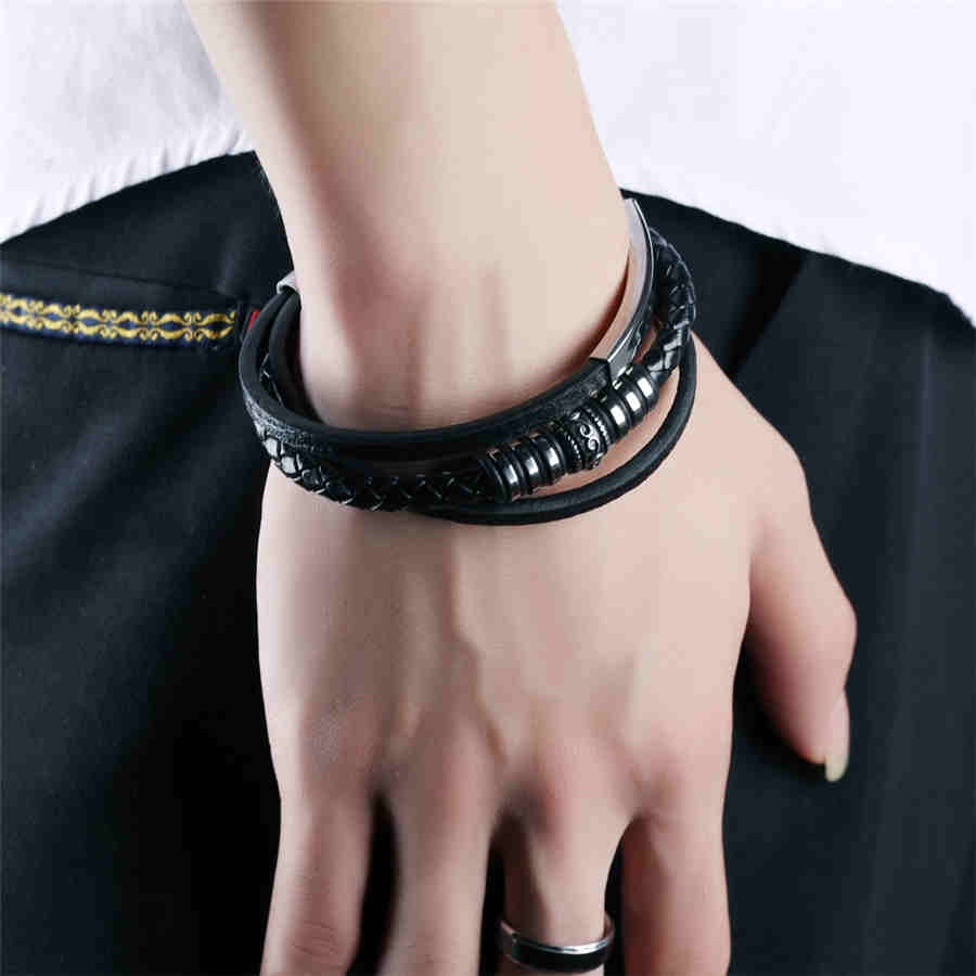 XQNI Top Mans Lederen Armband Roestvrij Staal Zwarte Kleur Magneet 200mm Accessoires Sieraden Voor