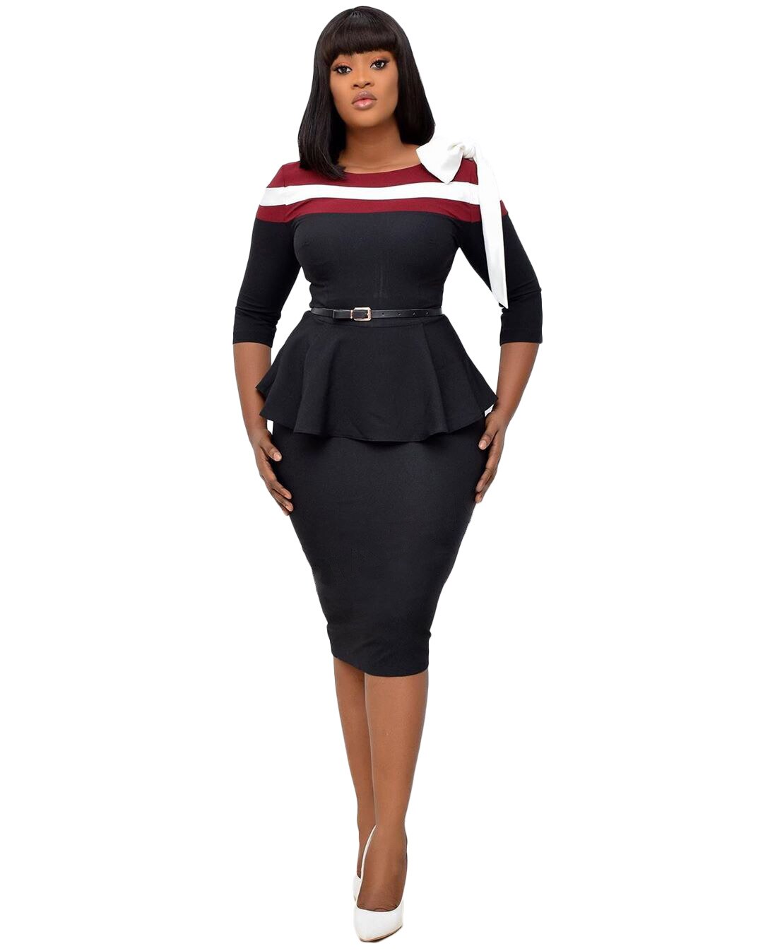 Autumn Formal Business Midi Dresses Women Zipper O Neck Bow Knot Ruffle Dresses Casual Stripe Patchwork Formal Work Office Dress: Black / XXL