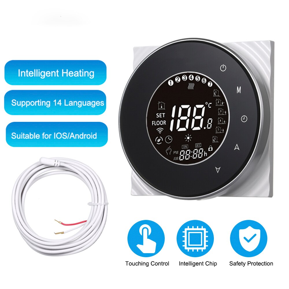 Smart Electric Heating Thermostat with Touchscreen LCD Display Weekly Programmable Room Temperature Controller 16A 95~240V GB: GB black no WiFi