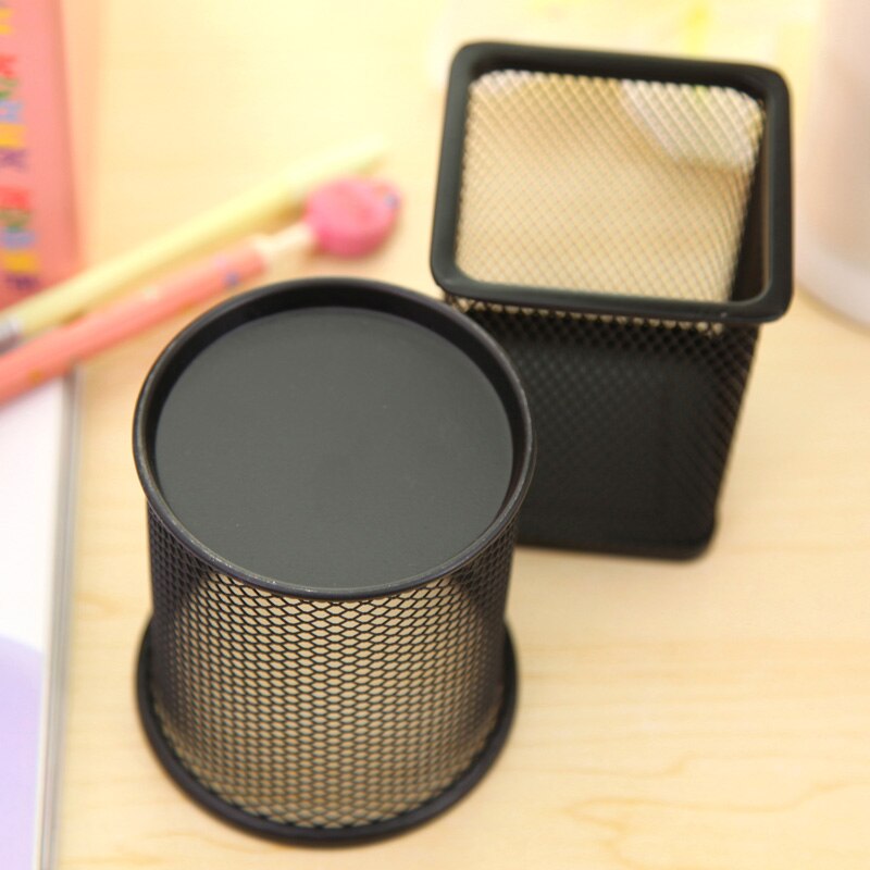 Portalápices negro para oficina, escritorio, malla de Metal, Cuadrado y Redondo, estuche con forma de taza, organizador de contenedores, estuche de lápices duradero