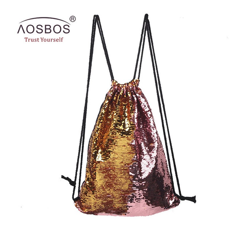 Aosbos Sequin Drawstring Backpack Foldable Sports Gym Bag Outdoor Women Men Training Fitness Bags Drawstring Bag for Shoes: Gold pink