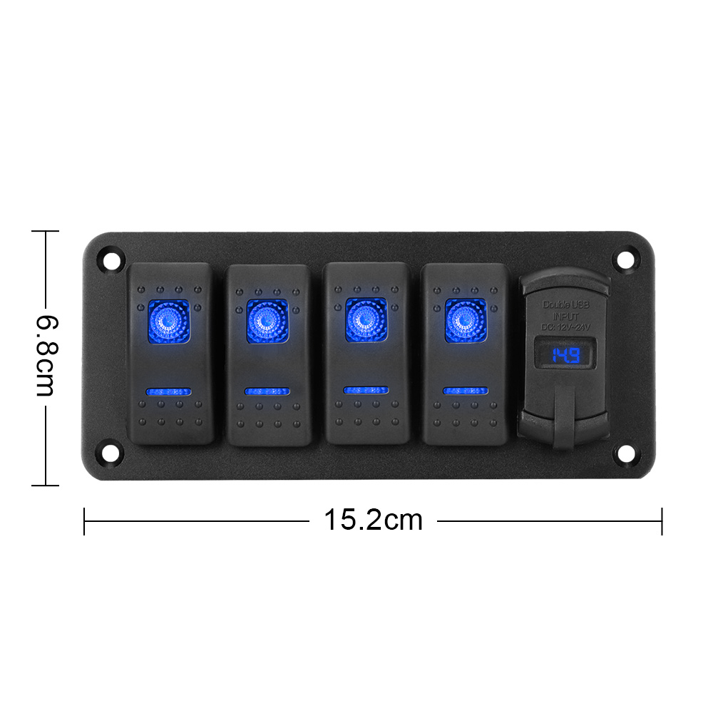 Voltímetro Digital para coche marino, impermeable, doble puerto USB, 4 bandas de palanca de interruptor basculante, 12V/24V, Panel de interruptor LED + pegatina