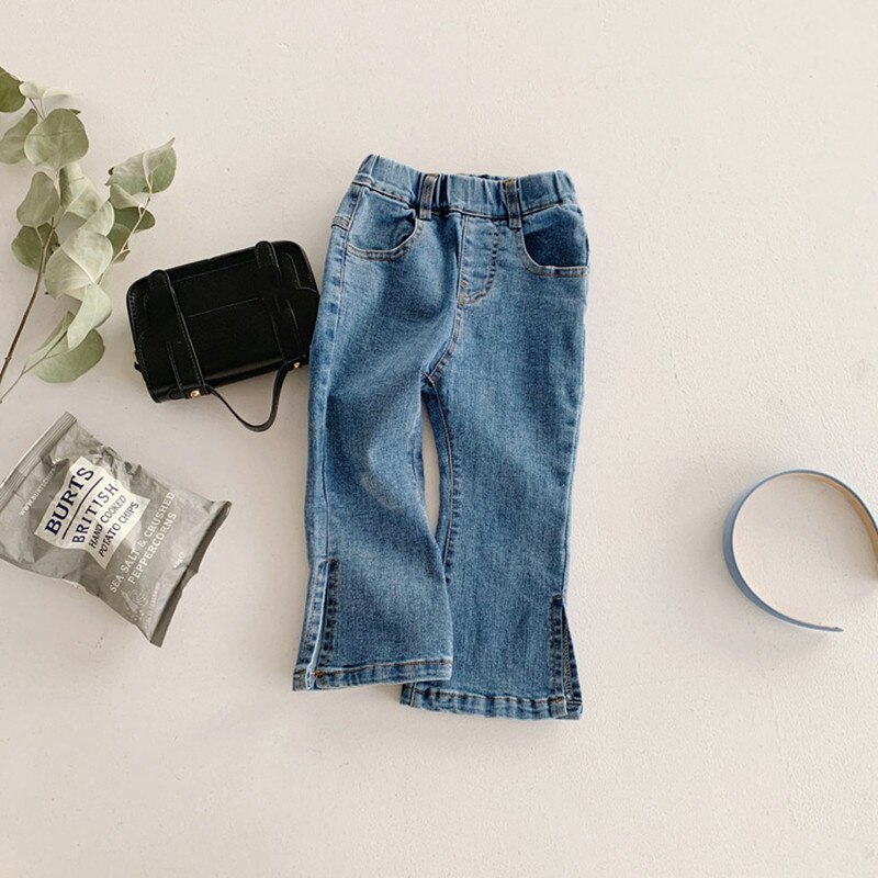 Spring Baby Girls Denim Flare Pants Solid Color Toddlers Kids Elastic Jeans Korean Style Children Trousers